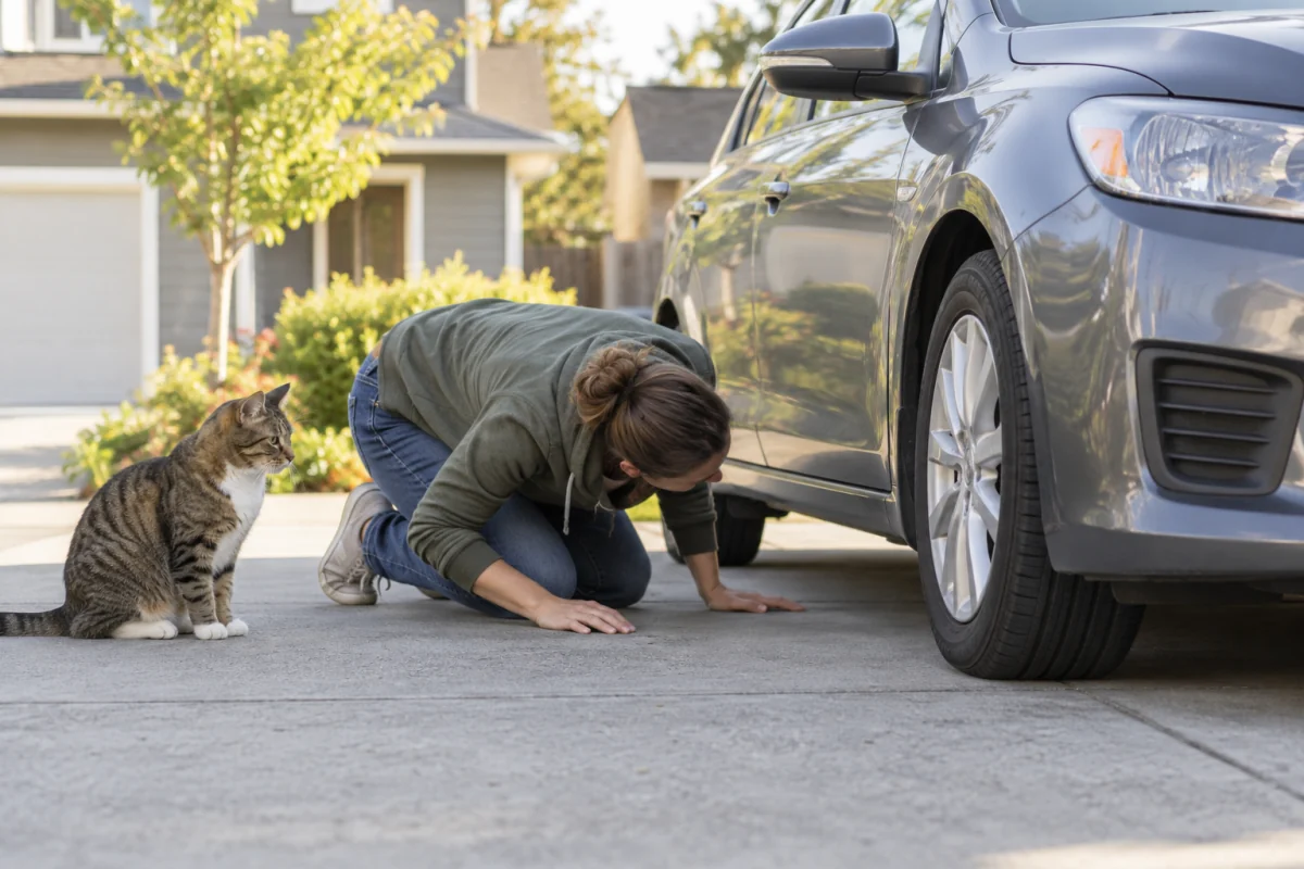 A person kneeling to check beneath a parked car, with a calm cat nearby.