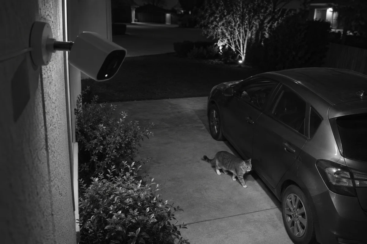 A wall-mounted home camera overlooking a parked car at night as a cat walks beside it.